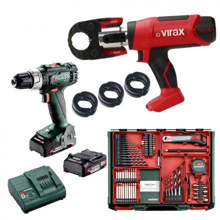 Gépszett, VIRAX VIPER® M2X présgép + METABO BS 18 L SET Akkus fúró-csavarbehajtó + Betétszorító pofa + 3 db választható présbetét (2x18V/2,0Ah)